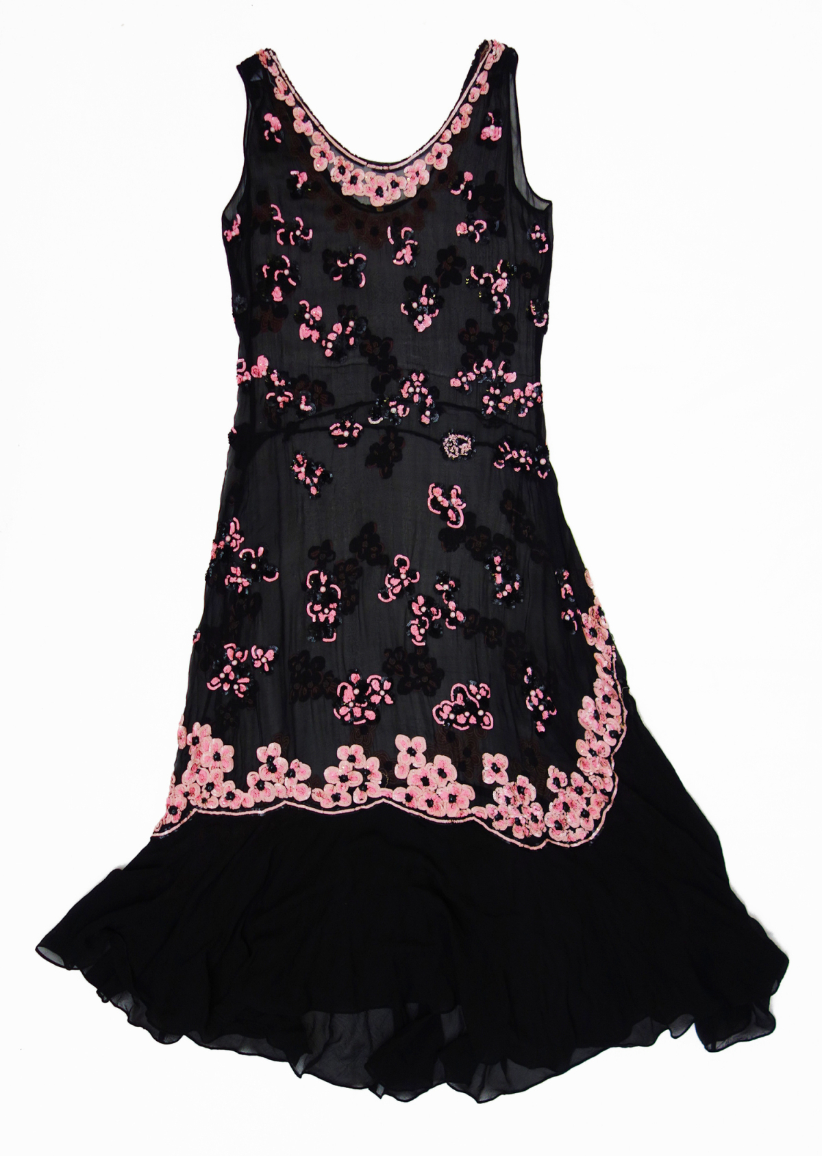 A woman's sleeveless dress in black chiffon decorated with abstract organic shapes in pink and black sequins and beads. The Netherlands, 1920s.