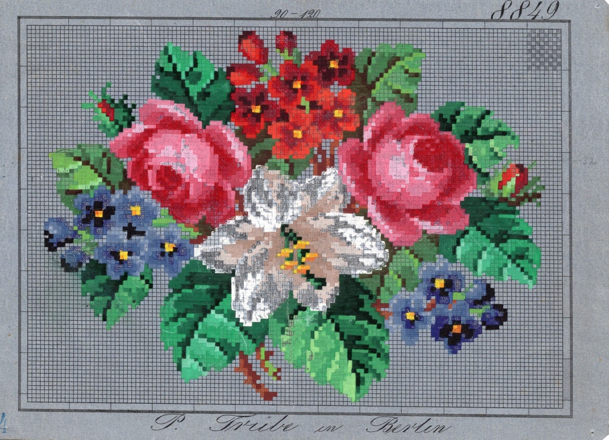 Berlin work chart with a bouquet of flowers ,including roses, lilies, pansies and primroses (Germany, 1840s - 1850s).