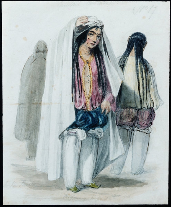 &ldquo;Cabul Costume. In the Street. Preparing to go out.&rdquo; Water colour by James Atkinson, c. 1840, showing a lady in Kabul with her chadari and under garments.