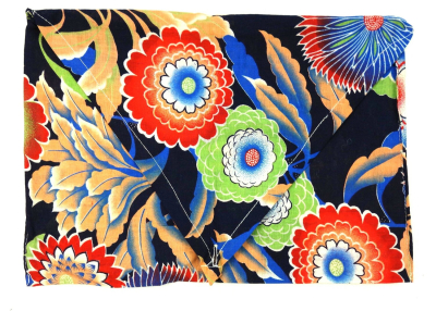 Pouch decorated with a Japanese style design of stylised flowers on a mid-blue ground.