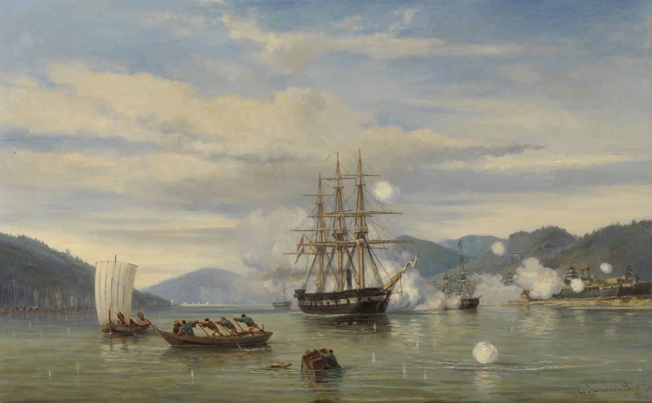 Z.M. Stoomschip Medusa forceert de doorgang door de Straat van Shimonoseki, by jonkheer Jacob Eduard van Heemskerck van Beest, 1864 (Rijksmuseum Amsterdam).