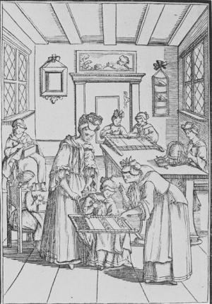 Embroidery lessons, engraving by E. Porzelius, 1689.