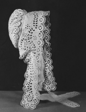 Mid-19th century English bonnet with whitework and broderie anglaise.
