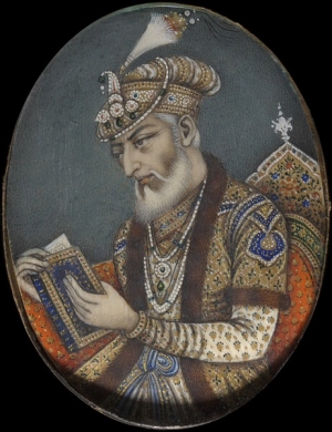 The Mughal Emperor Aurangzeb (1618-1707) wearing a turban with aigrette and a turban band. The turban band is decorated with pearls and precious stones.
