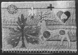 Embroidered picture made from jute, from Finland, 1950's.