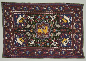 Qajar-era embroidered floor covering from Iran, 19th century.