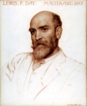 Decorated tile, with representation of Lewis F. Day (1845-1910).