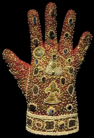 One of the Imperial Gloves,  part of the regalia of the Holy Roamn Empire. Probably made in Palermo, prior to AD 1220.