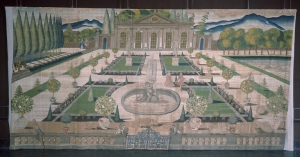 Embroidered wall hanging showing the gardens of Stoke Edith House, early 18th century. The house burnt down in 1927.