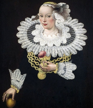 Anna Rosina Marquart, wearing hand ruffs. N&eacute;e Tanck, she was the wife of the mayor of L&uuml;beck . Painting from 1642 by Michael Conrad Hirt (1613&ndash;1671) - St. Annen Museum, L&uuml;becker, Germany.