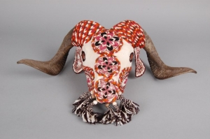 Goat's skull with embroidered cotton covering, Turkmen.