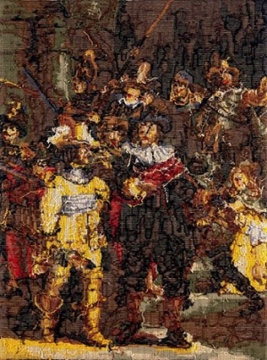 The reverse of an embroidery of Rembrandt's Nachtwacht.