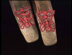 Pair of embroidered, linen women's shoes from England, dated c. 1840's- 1850's.