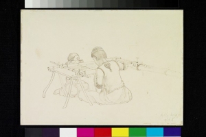 Two boys on either side of an embroidery frame. Drawing made in Delhi, 1870, by John Lockwood Kipling.