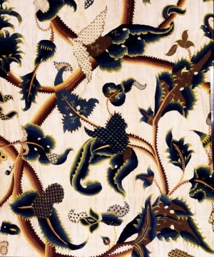 Early 18th English bed curtain, embroidered in wool on a cotton and linen ground.
