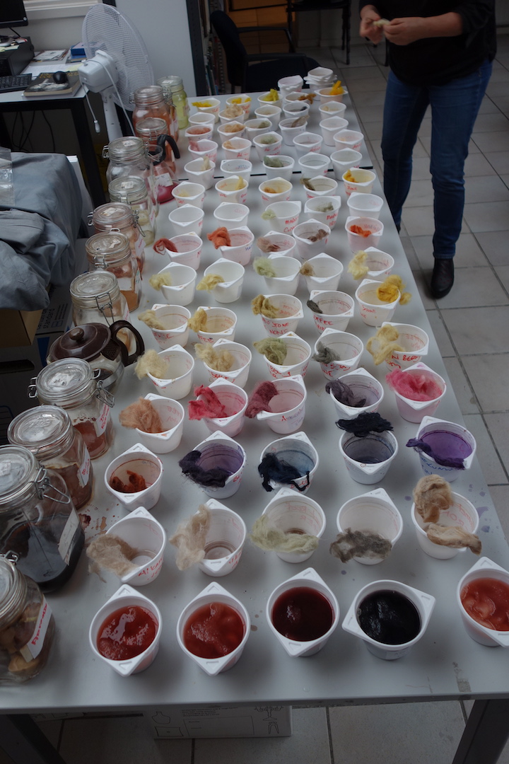 About sixty different dye baths made from natural dyes, producing a plethora of colours, at the September 2020 edition of the five-day TRC Intensive Textile Course. Photograph: Augusta de Gunzbourg.