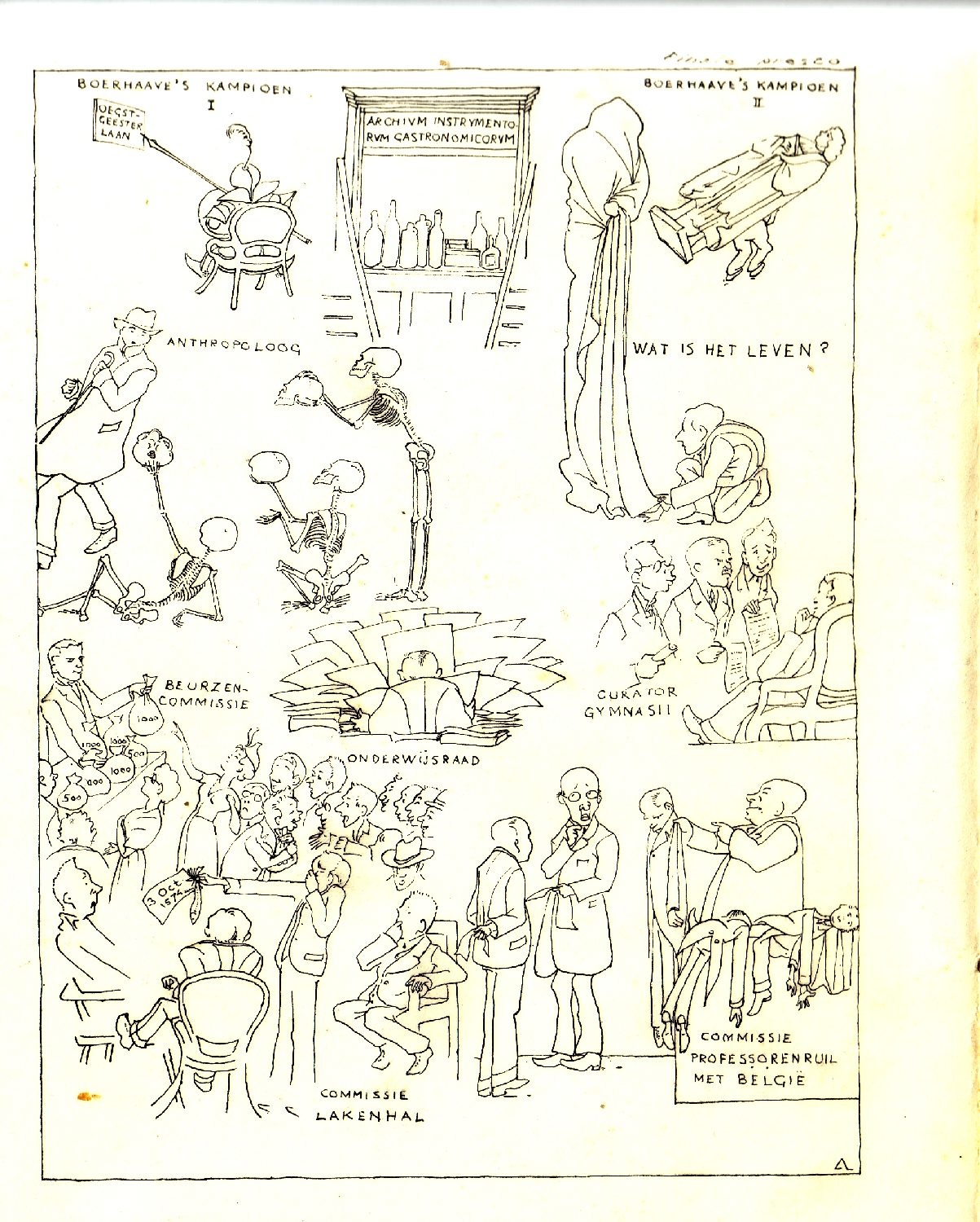 Fig. 10. Drawing made by Prof. Johan Huizinga for Ton Barge. In the top right hand corner there is a reference to the role that Ton Barge played in erecting Boerhaave's statue at the beginning of the Boerhaavelaan. Photograph of drawing courtesy Nauta-Barge family.