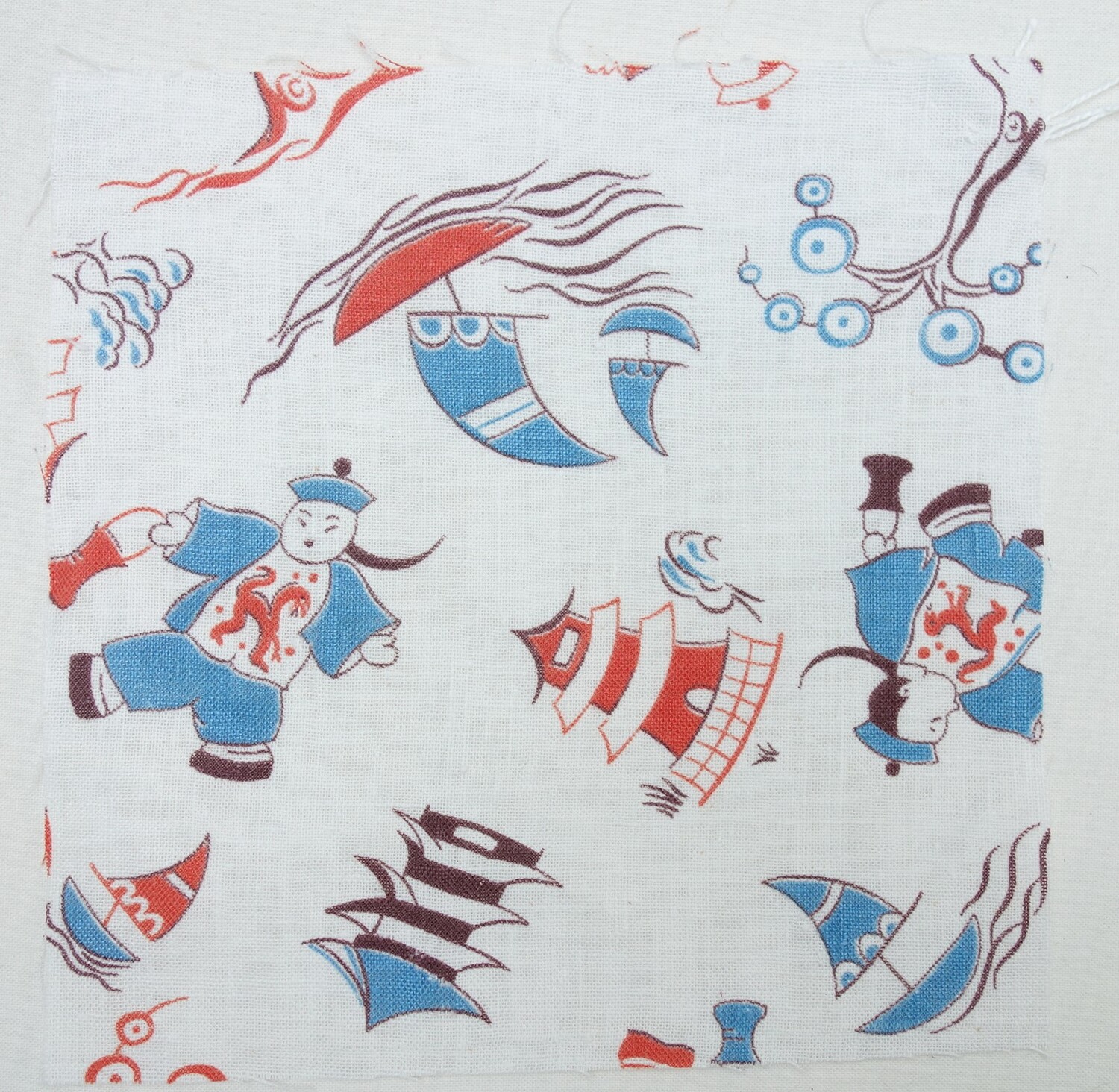 Detail of a feed sack cloth with Chinese-style design, USA 1930's (TRC 2019.1277).