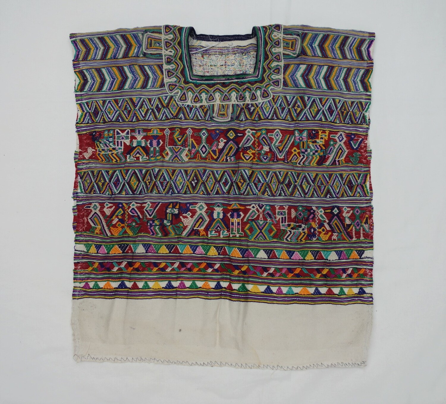 Huipil top from Guatemala, 20th century (TRC 2020.0524). The hiipil is heavily decorated with embroidered figures of stylised birds and people, as well as geometric shapes, all worked in a wide variety of different colours.