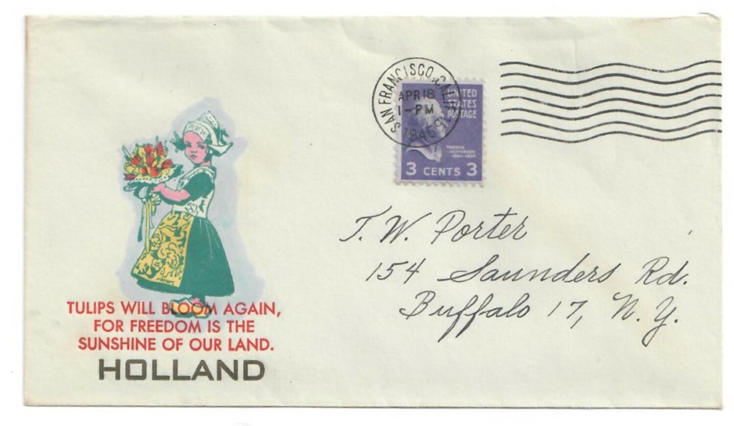 Envelope celebrating the liberation of The Netherlands, with typical 'Dutch' girl in Volendam costume and with tulips, 1945 (TRC 2020.2972).