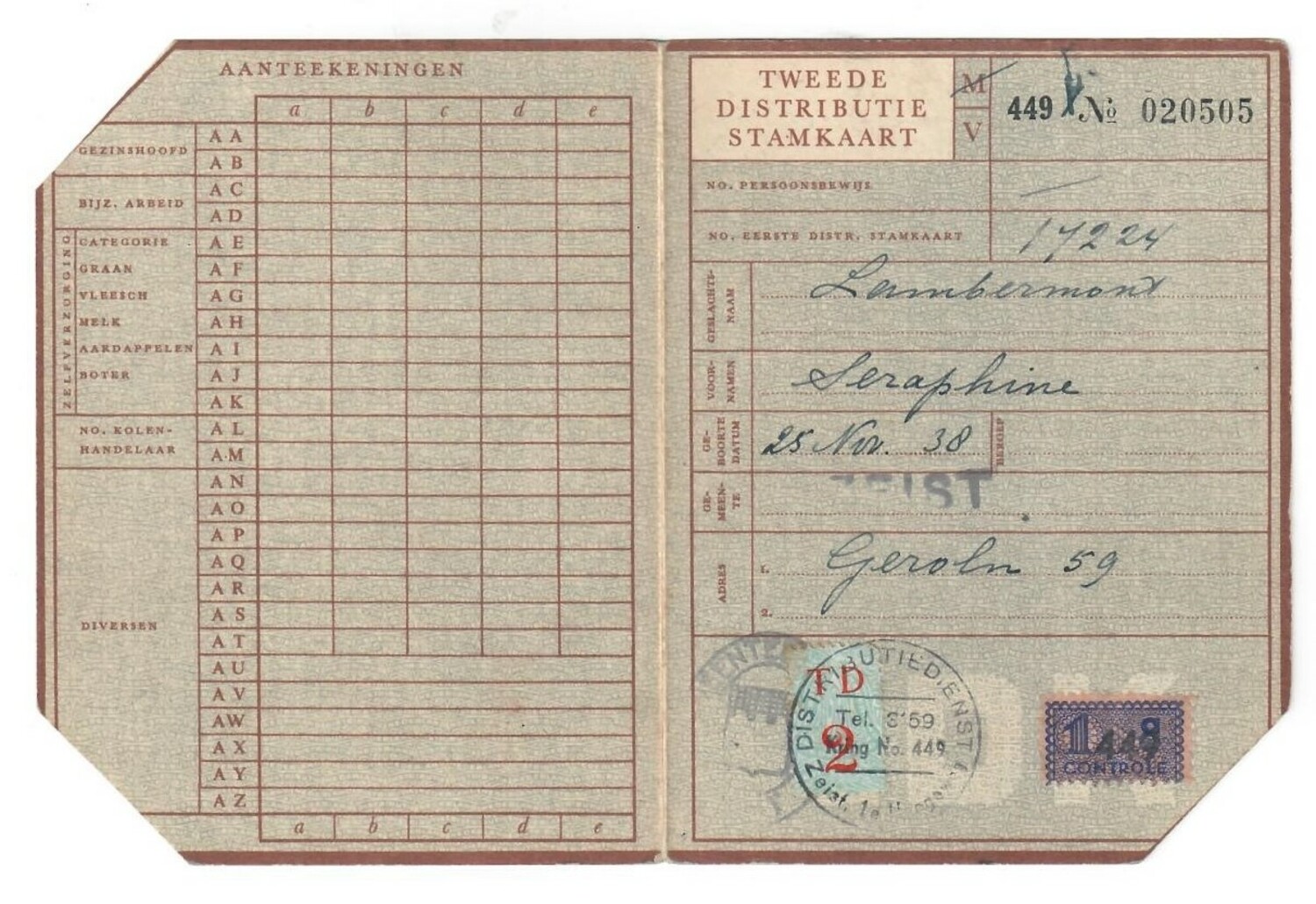 Ration card ('Stamkaart') issued in 1944, belonging to Seraphine (Pien) Lambermont (TRC 2020.3463c).