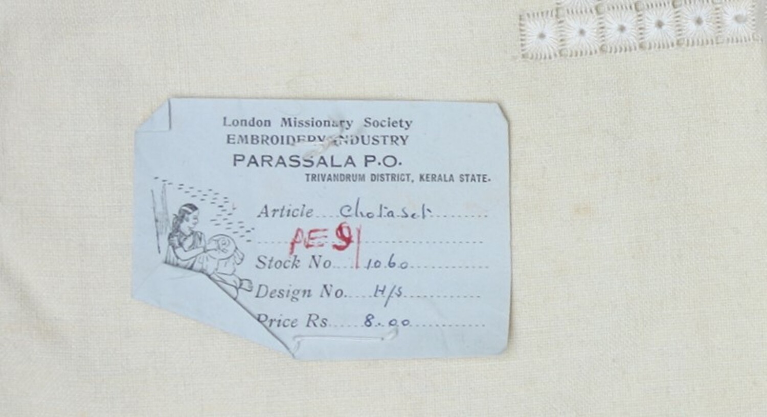 Label of the London Missionary Society, attached to tea cosy TRC 2020.3740a.