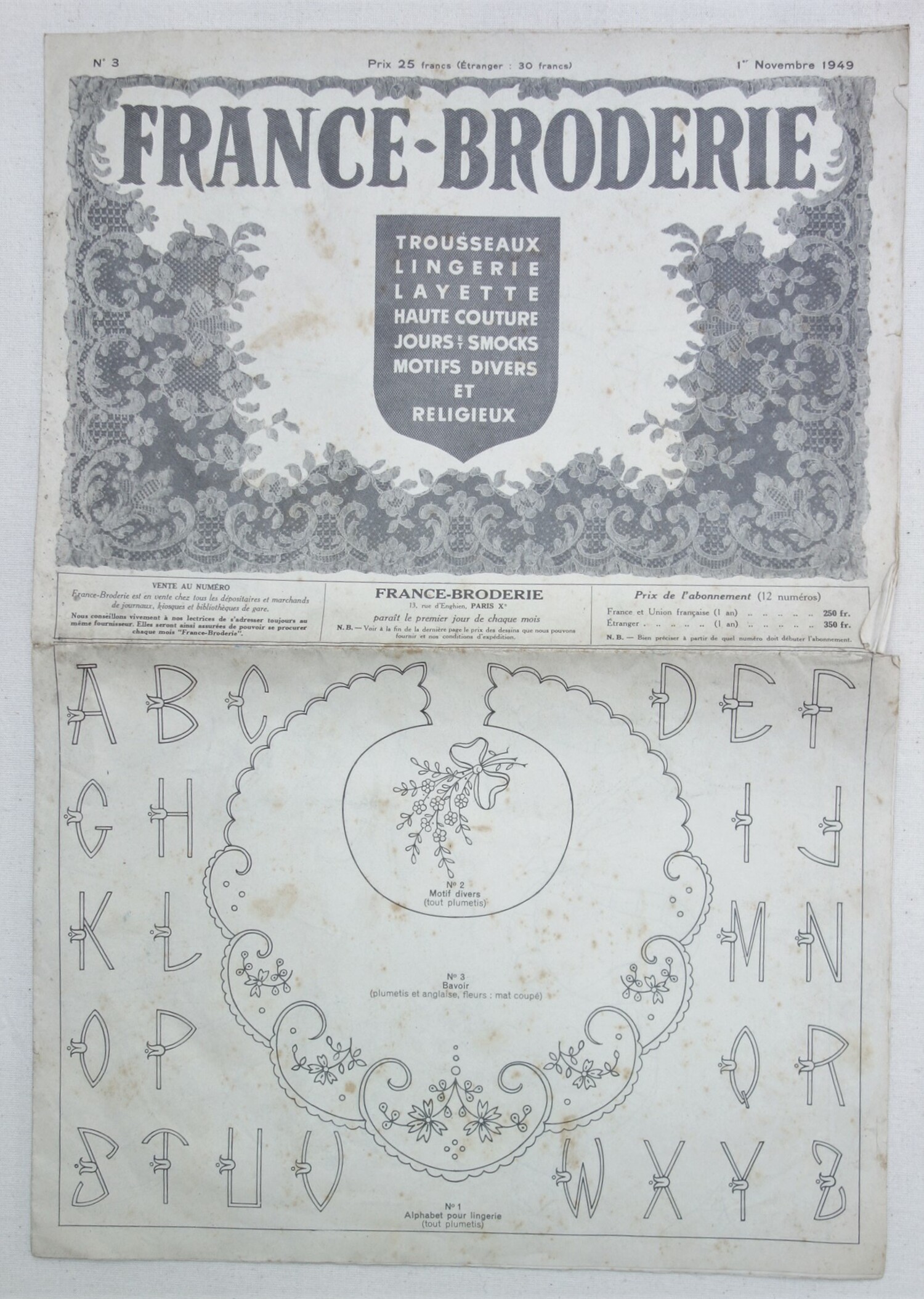 Front page of the publication 'France - Broderie,' November 1949 (TRC 2020.4579).