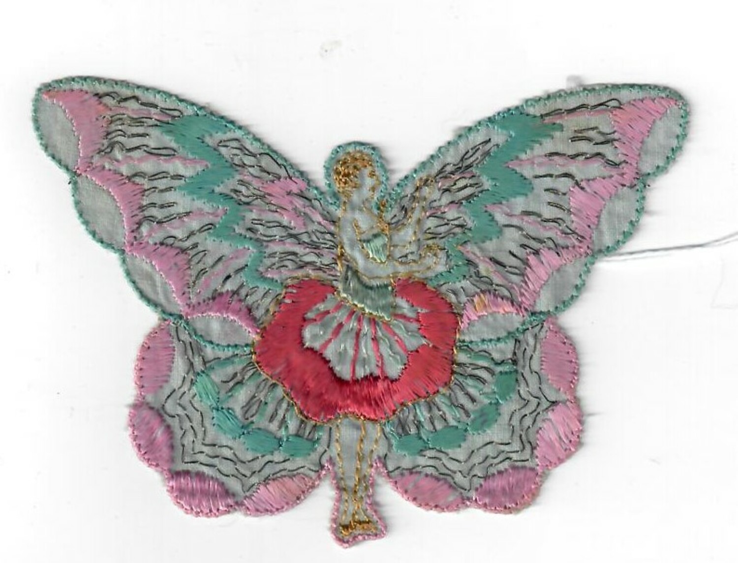 Machine embroidered cigarette silk showing a fairy with butterfly wings (TRC 2021.2476a).