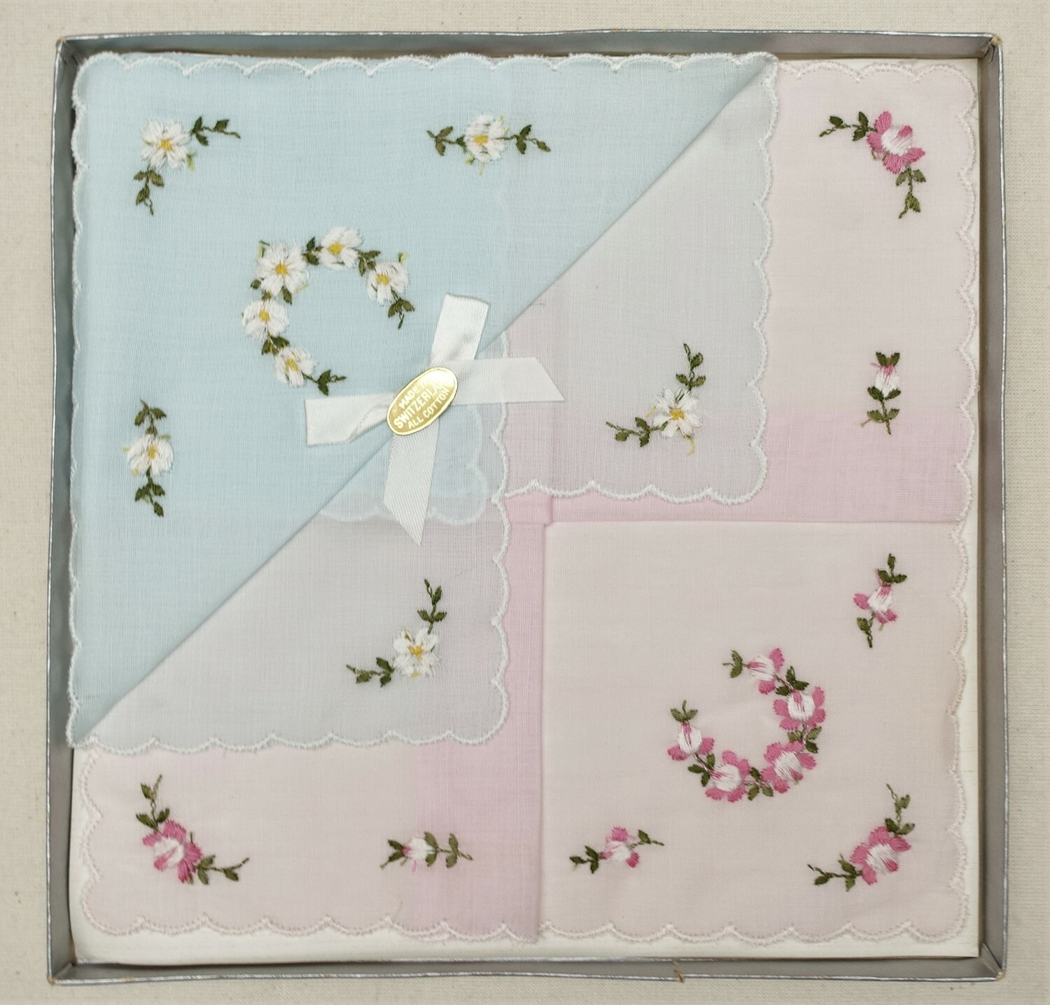 Box of women's handkerchiefs, decoratively folded. Made in Switzerland, 20th century (TRC 2021.3394).