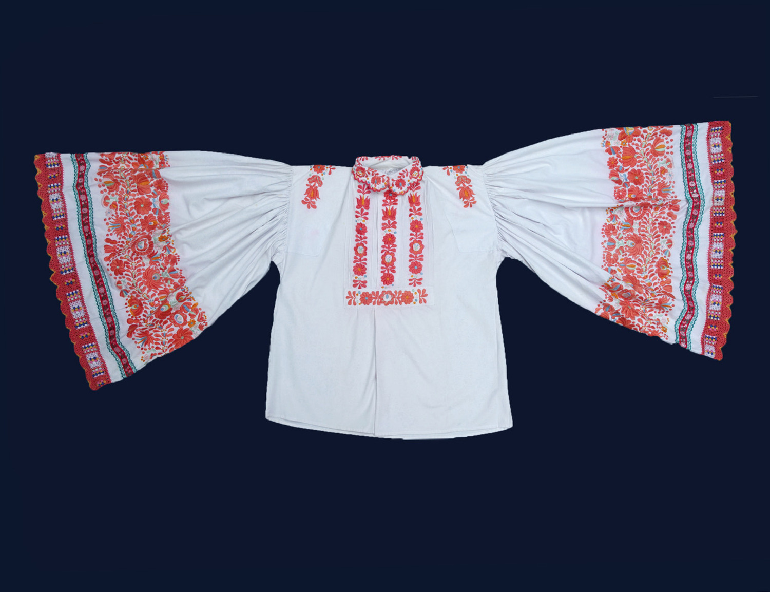 Embroidered man's wedding shirt from Mezokovesd, Hungary, mid-20th century (TRC 2022.0198).
