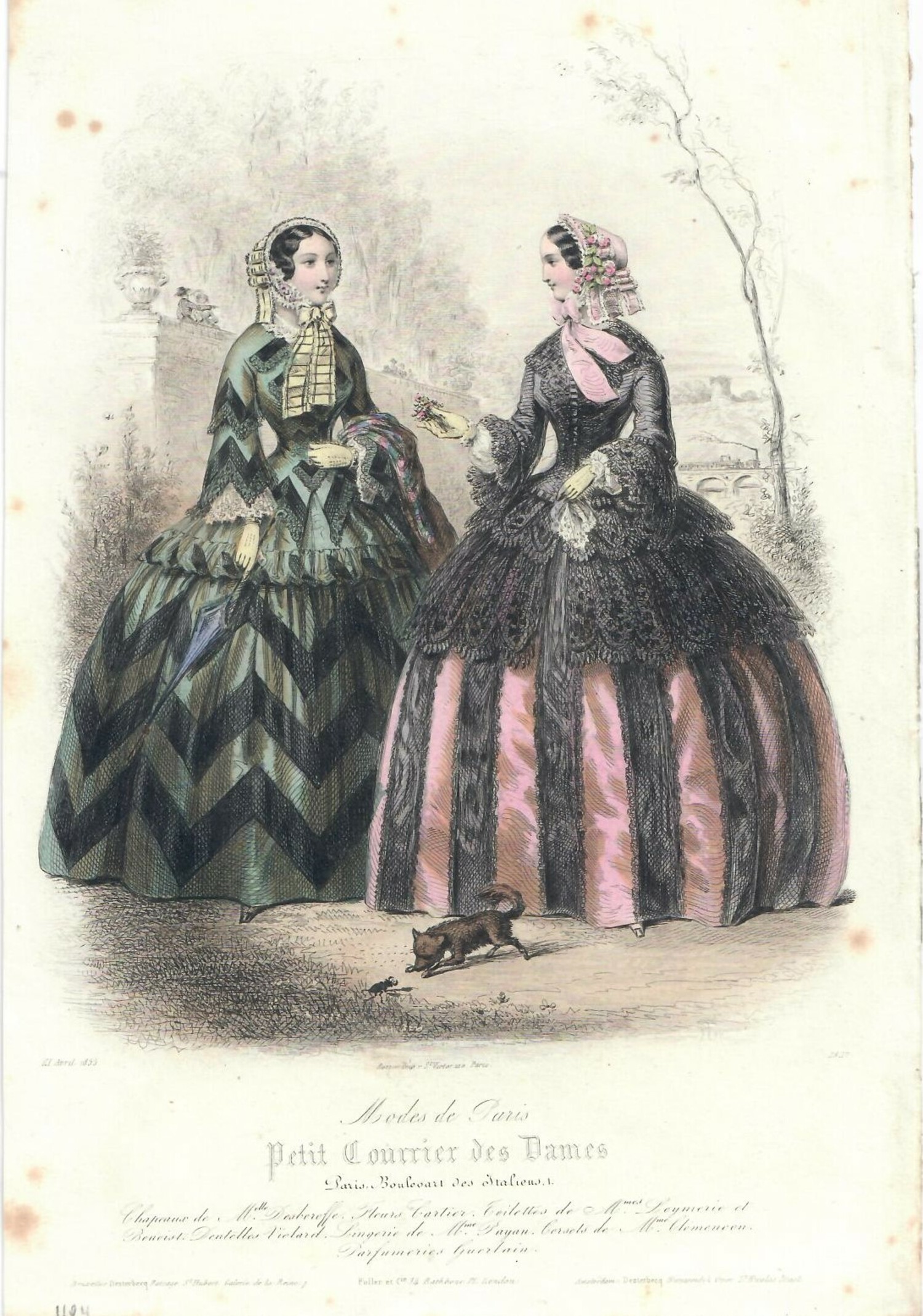 French fashion print, 1855, depicting two fashionable women wearing large crinolines (TRC 2023.0374).