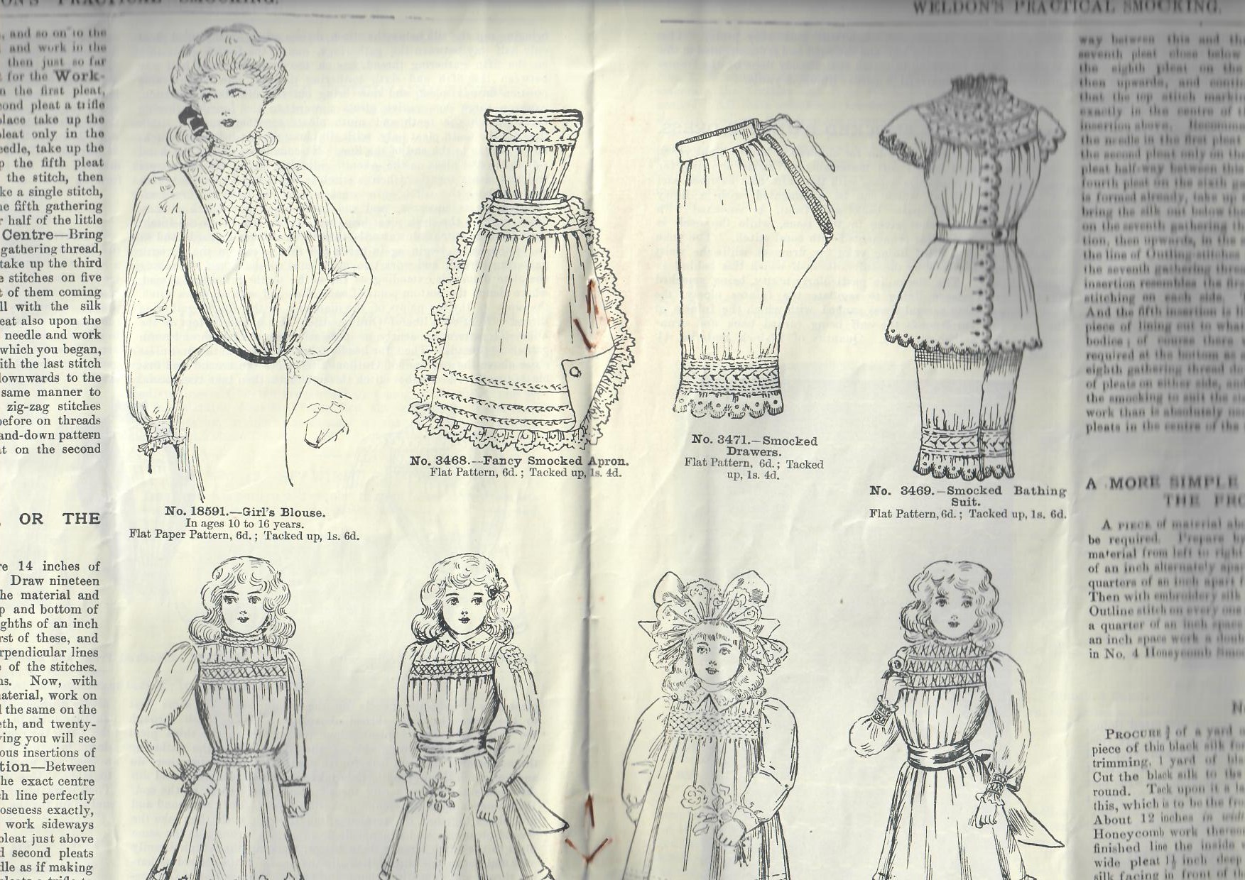 Page from Weldon's Practical Smocking magazine (no. 19, vol. 2; July 1887) with a wide range of patterns, stitches and ideas (TRC 2024.0356).