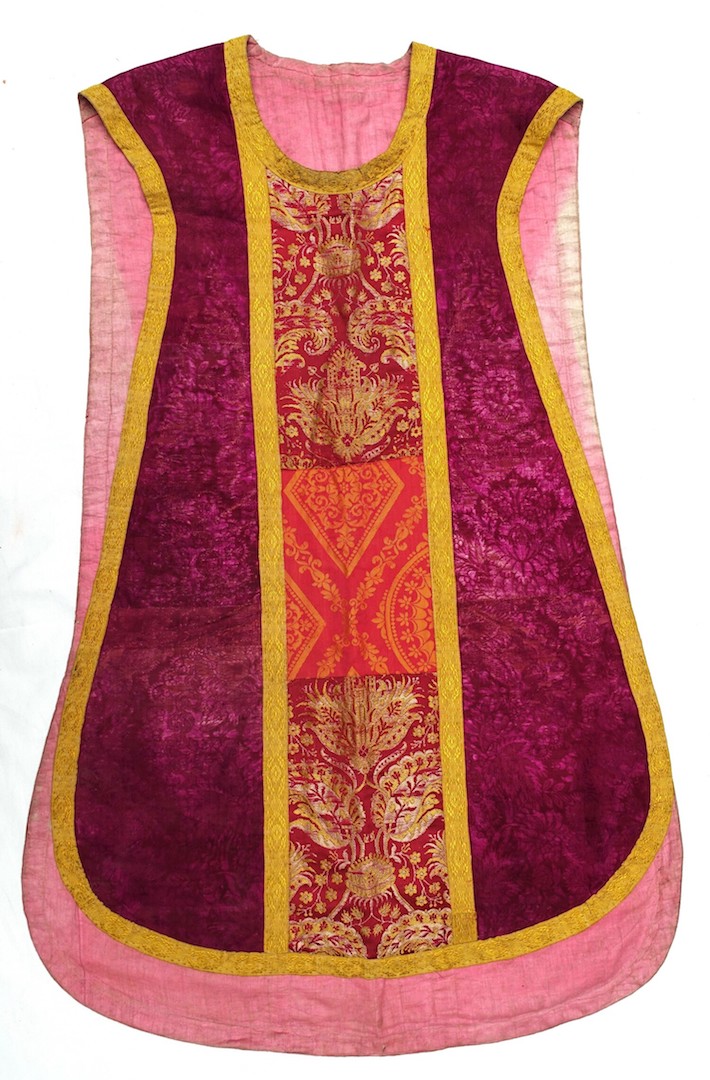 Fiddleback chasuble, with a patch added to the central part to cover a worn area (where the priest rubs against the altar). Europe, 19th century (TRC 2024.3044).