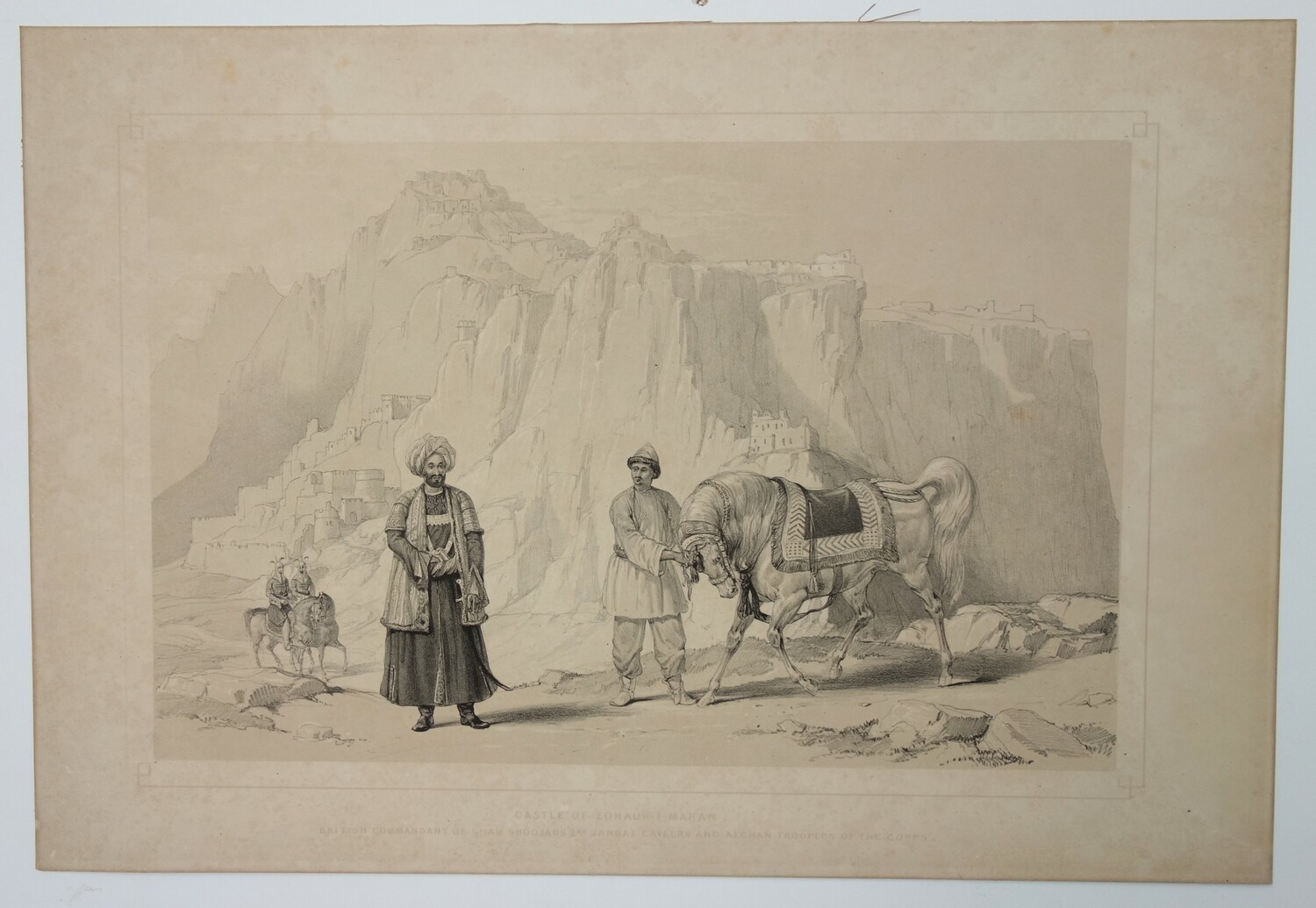Fig. 6. CASTLE OF ZOHAUK--MARAN  BRITISH COMMANDANT OF SHAH SHOOJAUS 2ND JANBAZ CAVALRY AND AFGHAN TROOPERS. Tinted lithograph, based on the work of Lockyer Willis Hart and James Atkinson, 1843 (TRC 2025.1042). Schinasi Family donation.