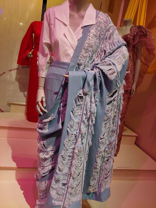 Distressed denim sari by Diksha Khanna. Made in 2018 from scrap denim, it consists of a long denim skirt with an attached lighter denim pallu, and cotton blouse. Photo: Shelley Anderson.