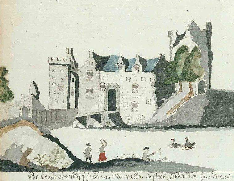 Ruins of the castle of Sandenburgh near Veere, where Mary Stewart lived after her marriage to Wolfert van Borselen in 1444. From the Atlas Schoemaker, 1660-1735.