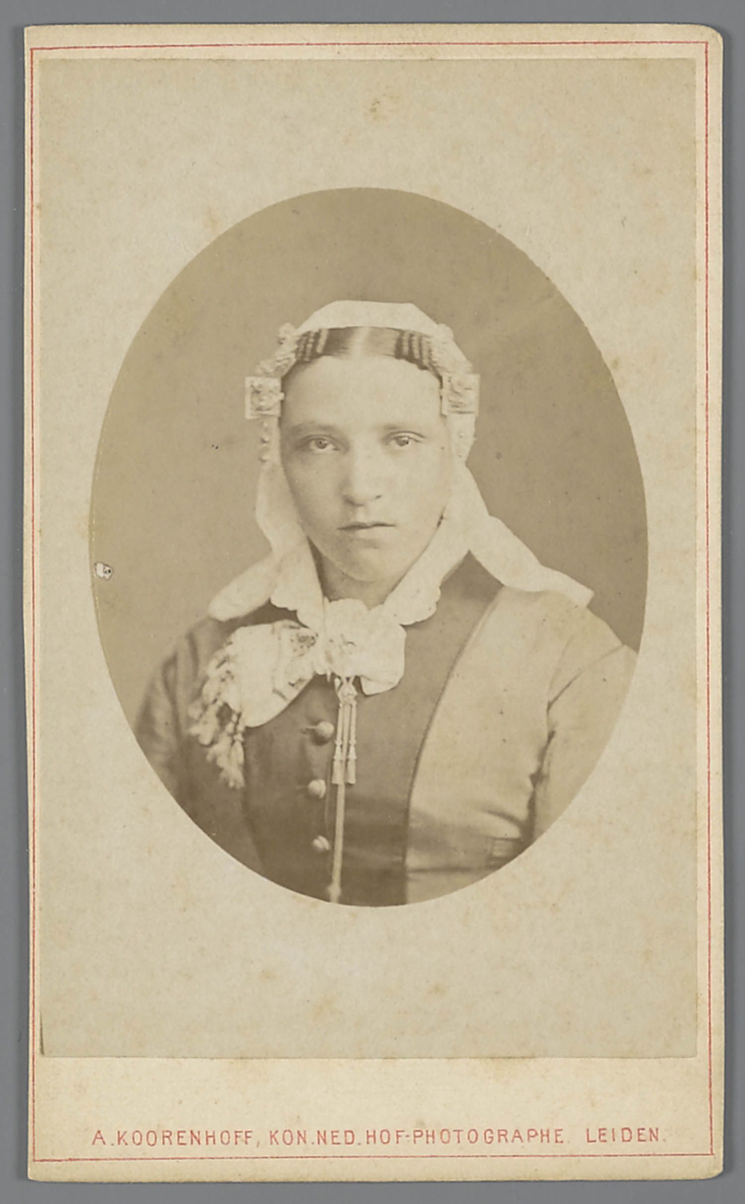 Photograph taken in Leiden by A. Koorenhoff, Leiden, of a woman in Rijnland dress, ca. 1880,