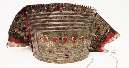 Headdress (egme) for a Tekke Turkmen woman, Afghanistan, early 20th century. Recent donation by May and Rolando Schinasi (TRC 2024.0321)