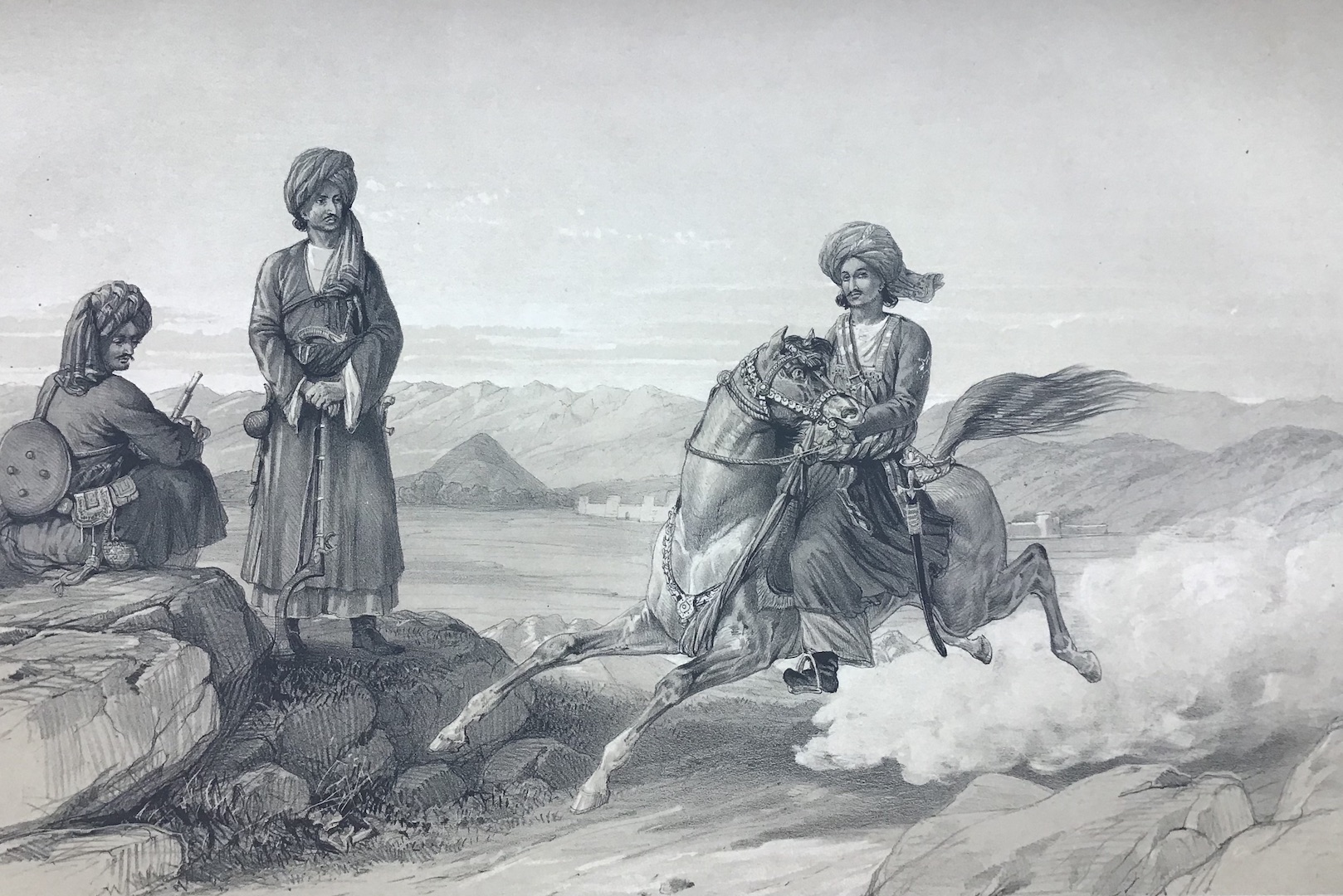 Fig. 3: "Fort of Killeh Abdooleh. Troopers of the Auchukzye Horse." Tinted lithograph. Plate V in Hart and Atkinson 1843. TRC 2025.0192.