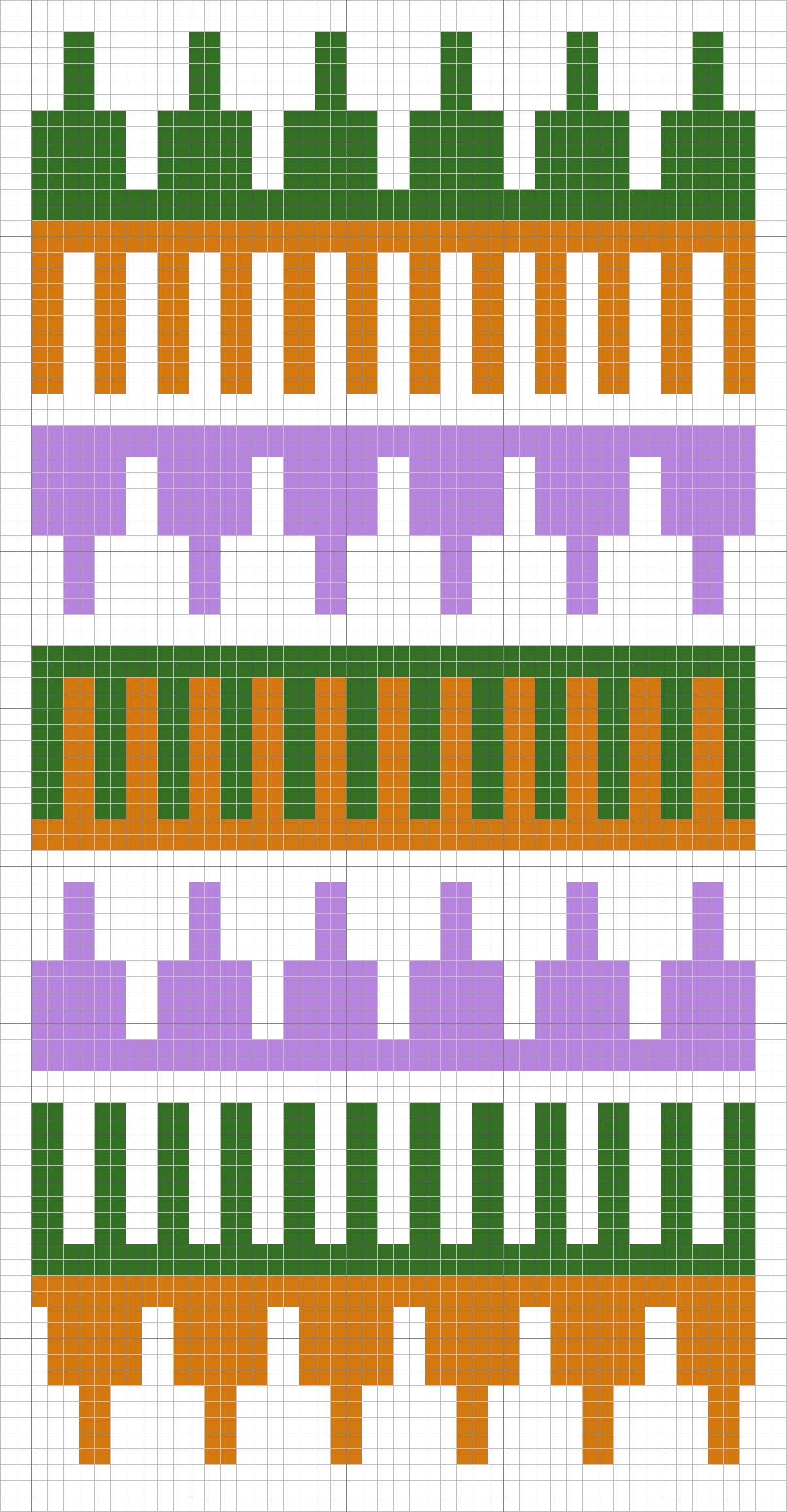 Chart of Pattern 1: Rows of stripes, bars and ‘hammers’ in green, bronze, purple and white (chart by Gillian Vogelsang-Eastwood).
