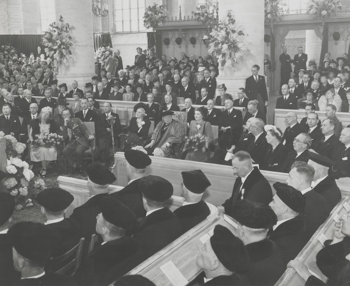 Fig.  13. Winston Churchill received an honorary doctorate at Leiden University on 10 May 1946. He is sitting in the Pieterskerk, in one of the chairs from Boerhaavelaan 6 (see Figure. 14). Photograph courtesy Nauta-Barge family.