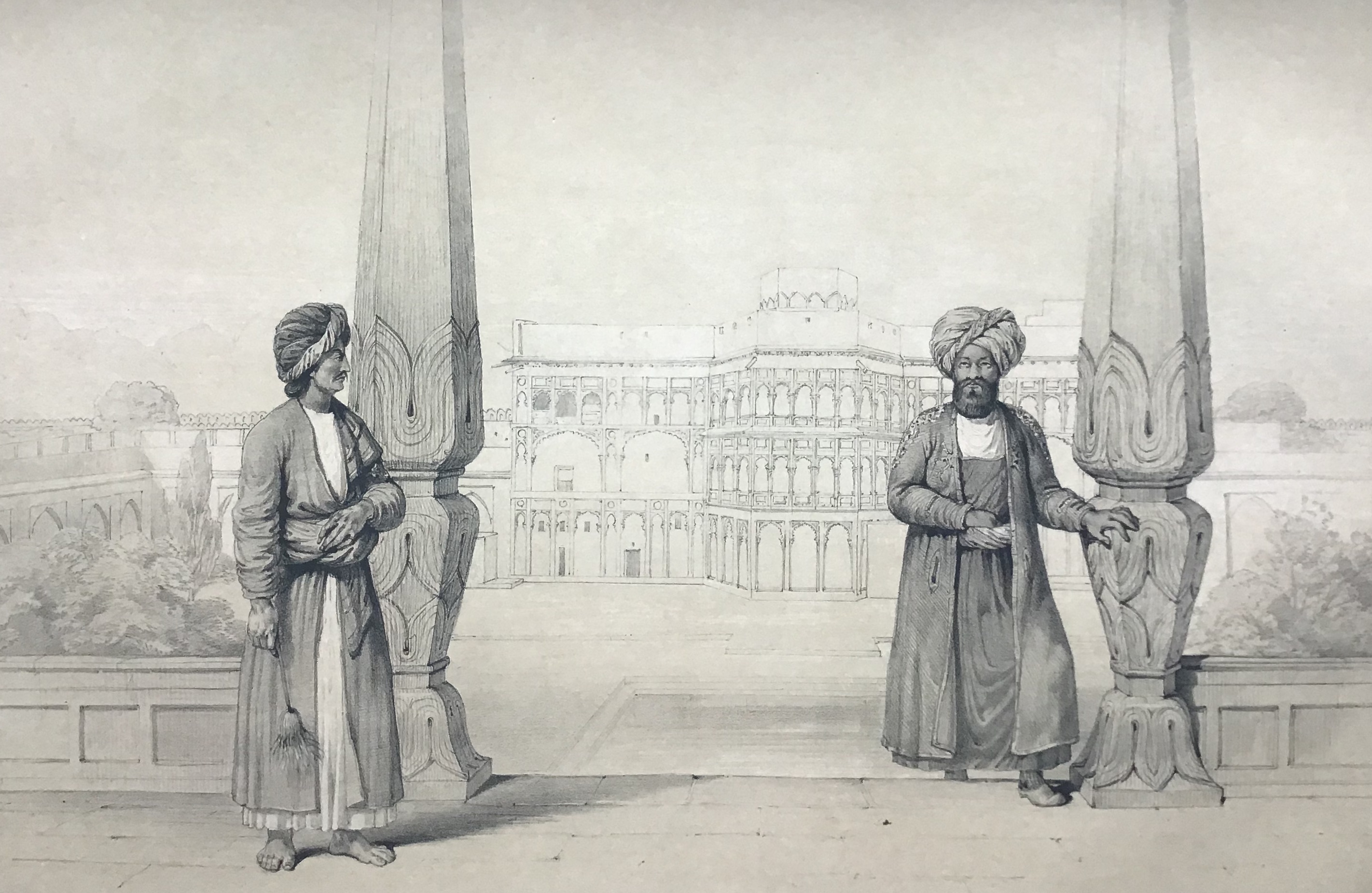 Fig. 2: "A Dooranee Noble & his Attendant at the Palace, Candahar." Tinted lithograph. Plate VI in Hart and Atkinson 1843. TRC 2025.0193.