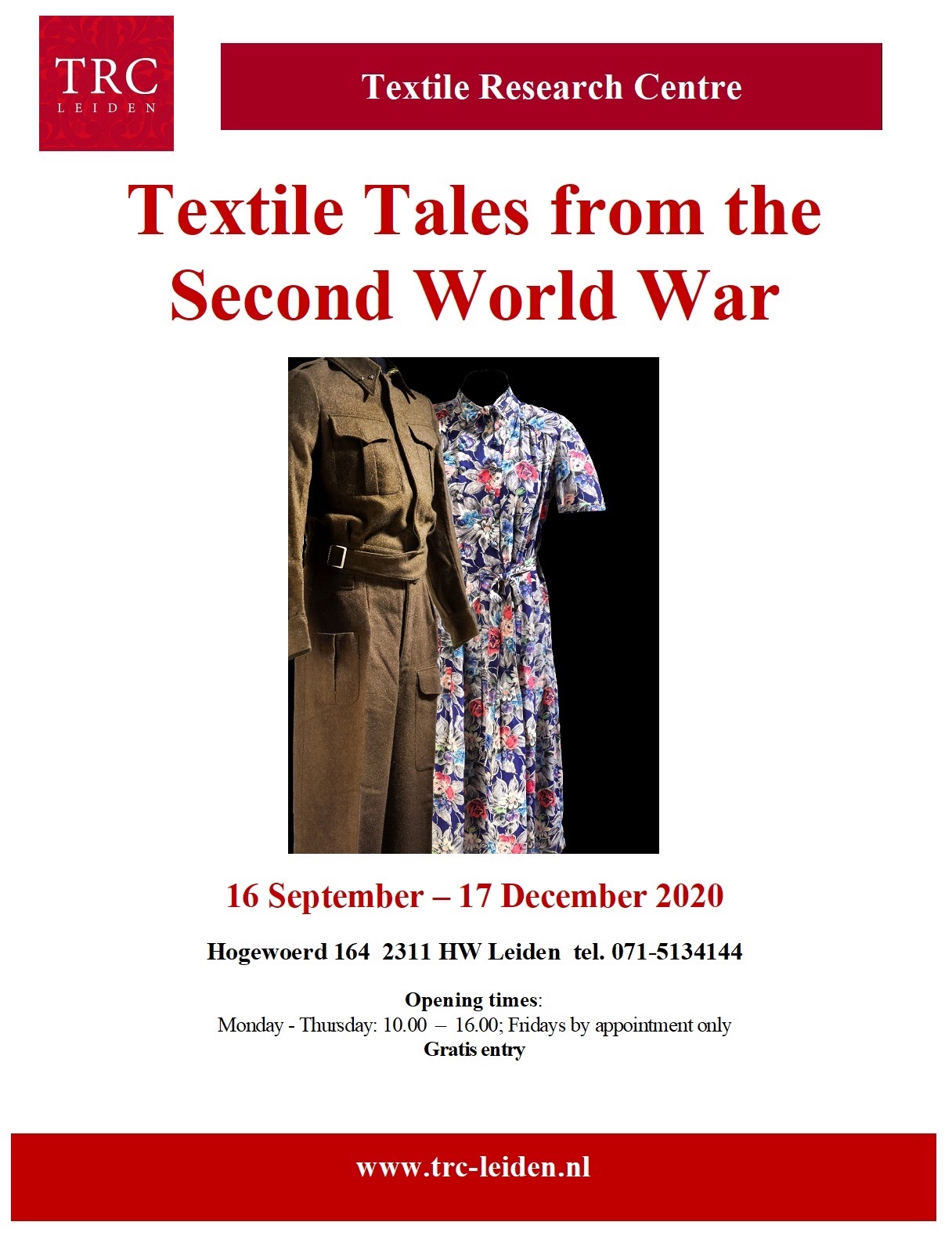 Poster announcing the new TRC exhibition about the Second World War. The poster photograph in the centre, showing garments from the exhibition, was taken by Joost Kolkman.