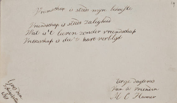 Hand written album text by Maria Cornelia de Witt Hamer (1804-1902), dedicated to her elder sister, Cornelia Johanna Eversdijk de Witt Hamer (1801-1879), dated 5 August 1818. National Library of the Netherlands. 