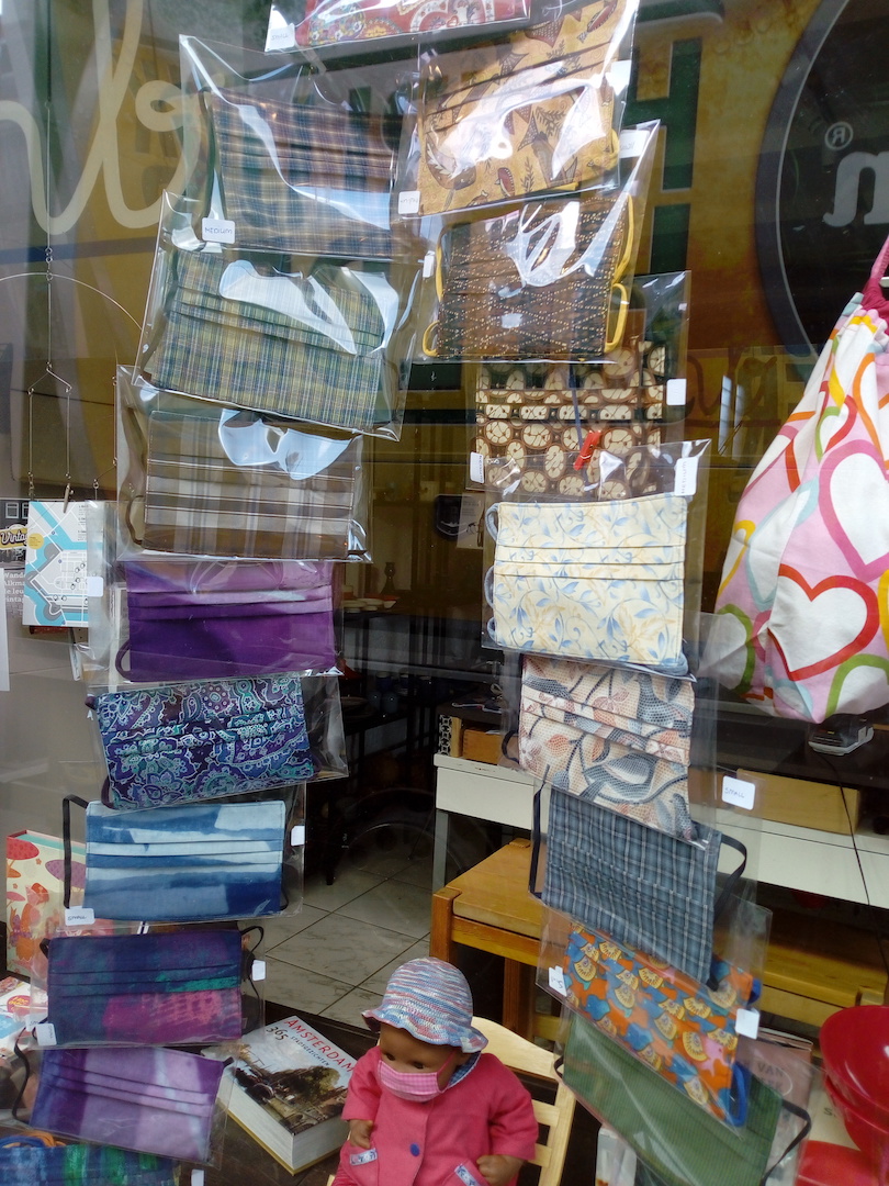 Fashion face masks for sale at a small shop in Alkmaar, the Netherlands. Photo by Shelley Anderson.