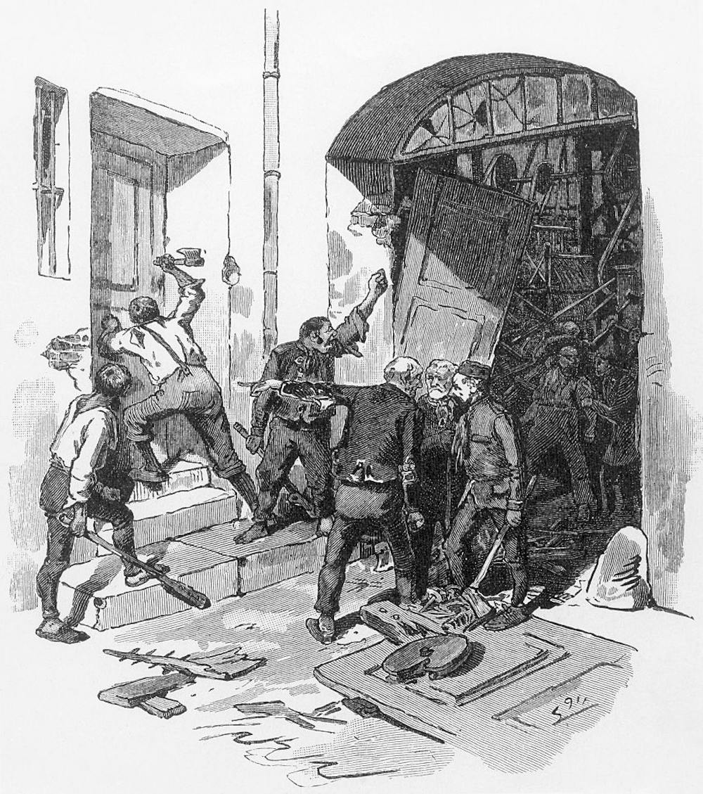Luddites destroying powerlooms. Wood engraving, 1844.