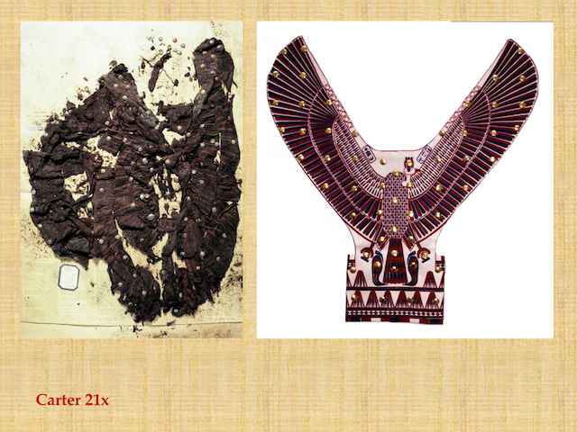 Photograph showing remains of one of the sleeve wings associated with Tutankhamun, and the reconstruction (right), by Gillian Vogelsang and Martin Hense, of the decorative pattern.