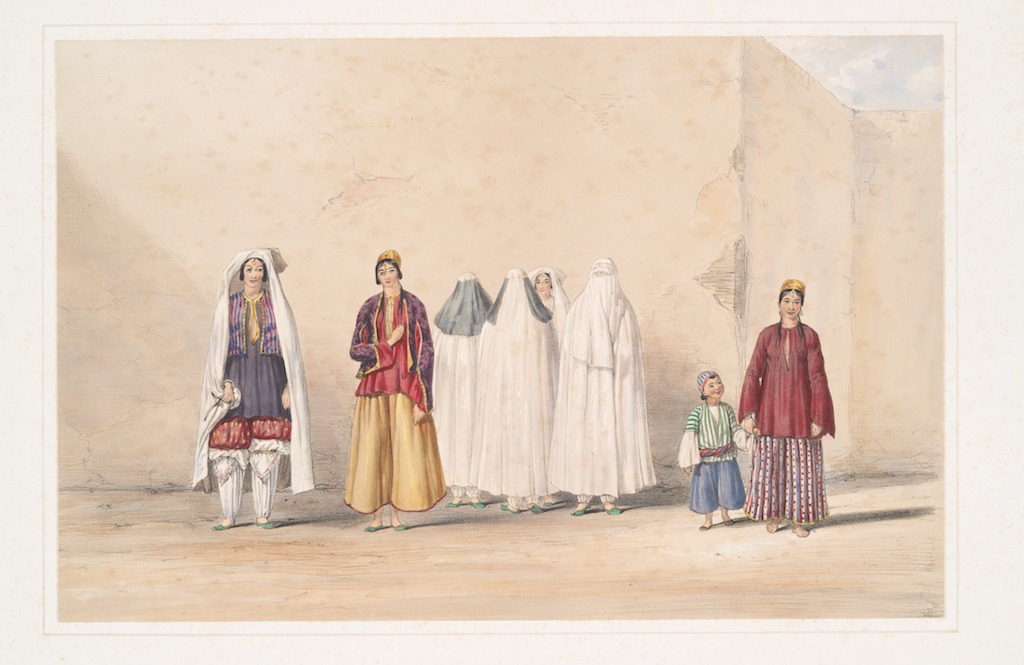 “Cabul - Afghan and Kuzzilbash Ladies.” Coloured lithograph by Charles Haghe, after James Atkinson. Plate XIX in Hart 1843. Original size 25.5 x 38.5 cm.