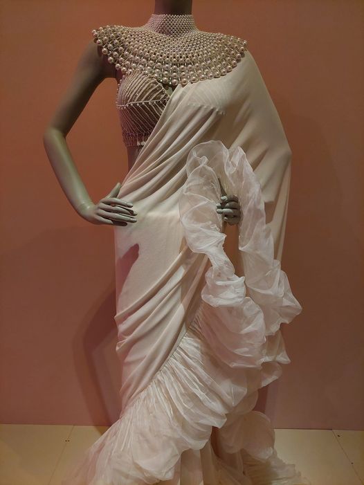 Worn to 2022 Cannes Film Festival by Bollywood star Deepika Padukone, this design by Abu Jani and Sandeep Khosla is silk organza and silk georgette with ruffle and a hand-embroidered pearl and stone bustier. Photo: Shelley Anderson