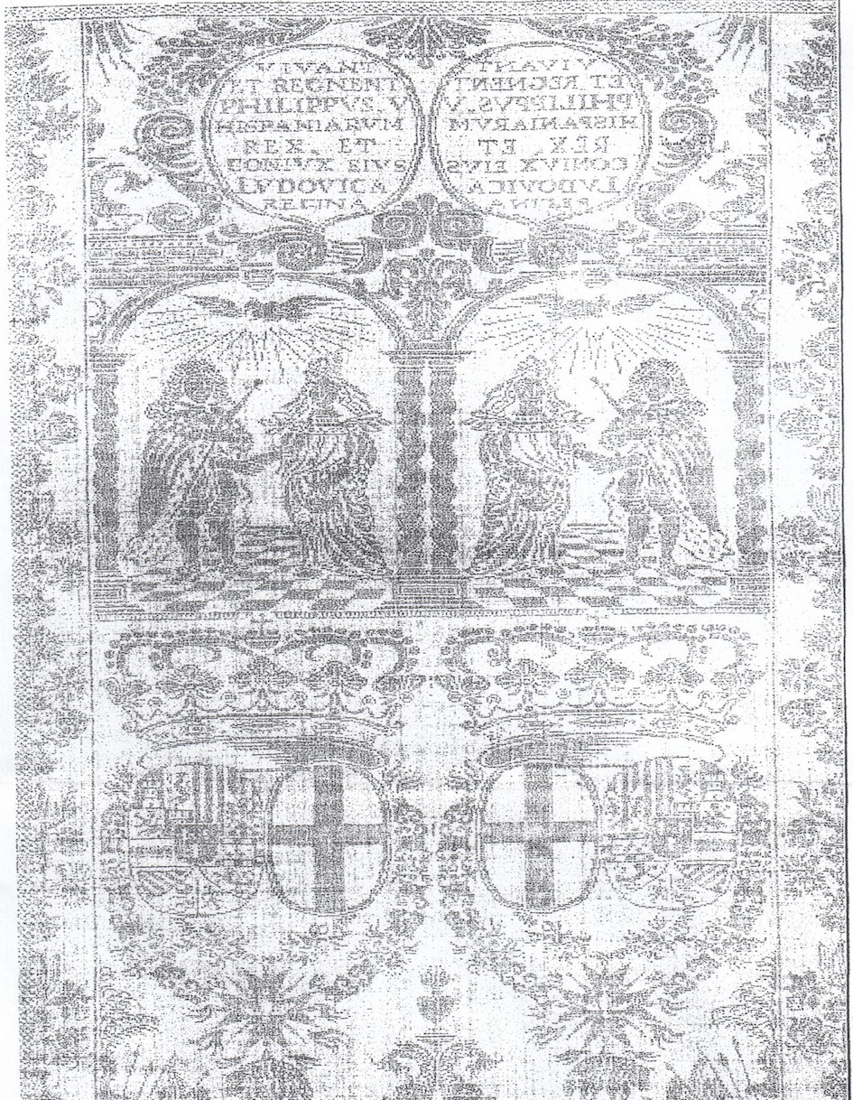 The text and designs on the damask serviette woven for the wedding of Philip V of Spain and his wife, Queen Maria Luisa of Savoy, in 1701.